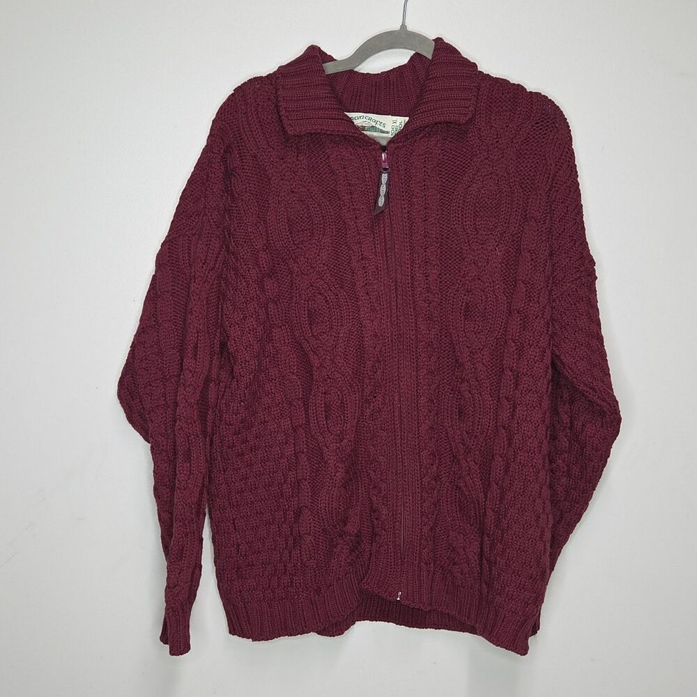 Aran Crafts Irish Merino Wool Cable Knit Full Zip Sweater Jacket Burgundy Womens